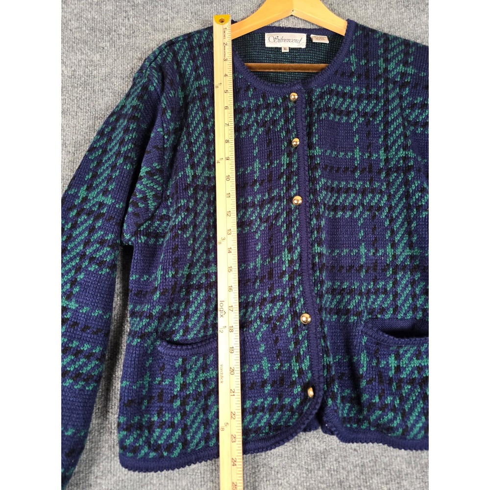 Silvercord Plaid Button Cardigan Navy Green Gold Buttons XL‎ Women Cozy Knit - Picture 2 of 8